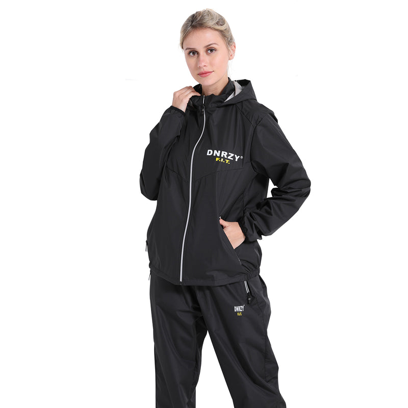 DNRZY F.I.T Sauna Suit for Men and Women Sweat Sauna Jacket Pant Workout Clothes Non Rip Weight Loss Sweat Suit for Gym Exercise Black